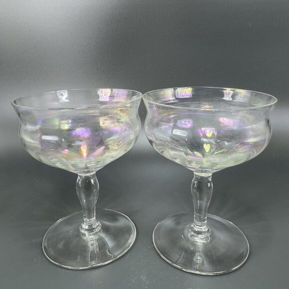 Fostoria Glass Champagne Sorbet Sherbet Stems Stemware Fairfax Iridescent Set 2 - Picture 1 of 12